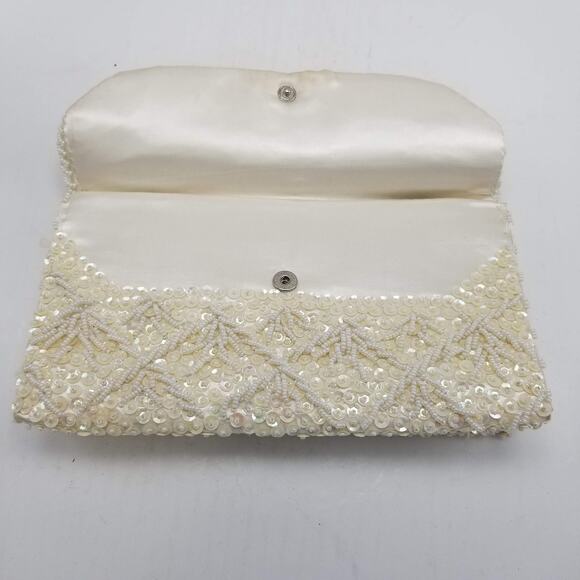 Vintage Beaded Clutch Purse, Off White Sequin Evening Bag, Double Sided - Picture 5 of 9